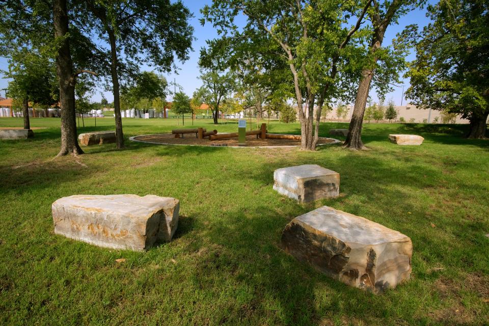 Children's play area featuring more natural elements. Preview of Scissortail Park's lower half, which opens September 23-25. Friday, September 16, 2022