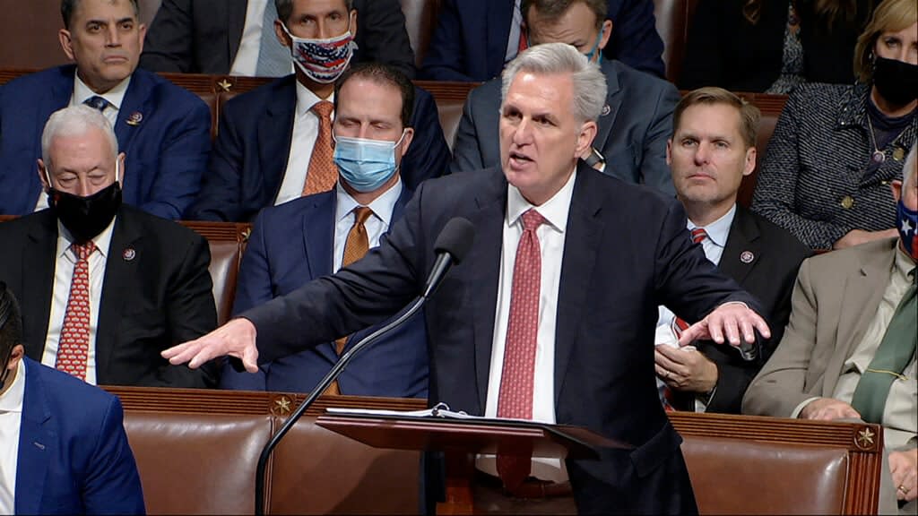 In this image from House Television, House Minority Leader Kevin McCarthy of Calif., speaks on the House floor during debate on the Democrats’ expansive social and environment bill at the U.S. Capitol on Thursday, Nov. 18, 2021, in Washington. (House Television via AP)