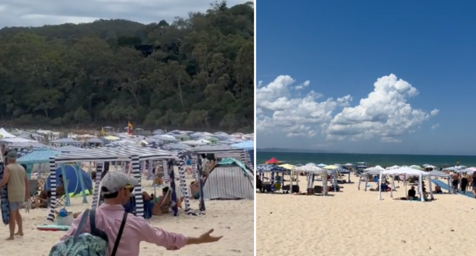 Screenshots of TikTok showing hundreds of CoolCabanas lining Noosa Beach.