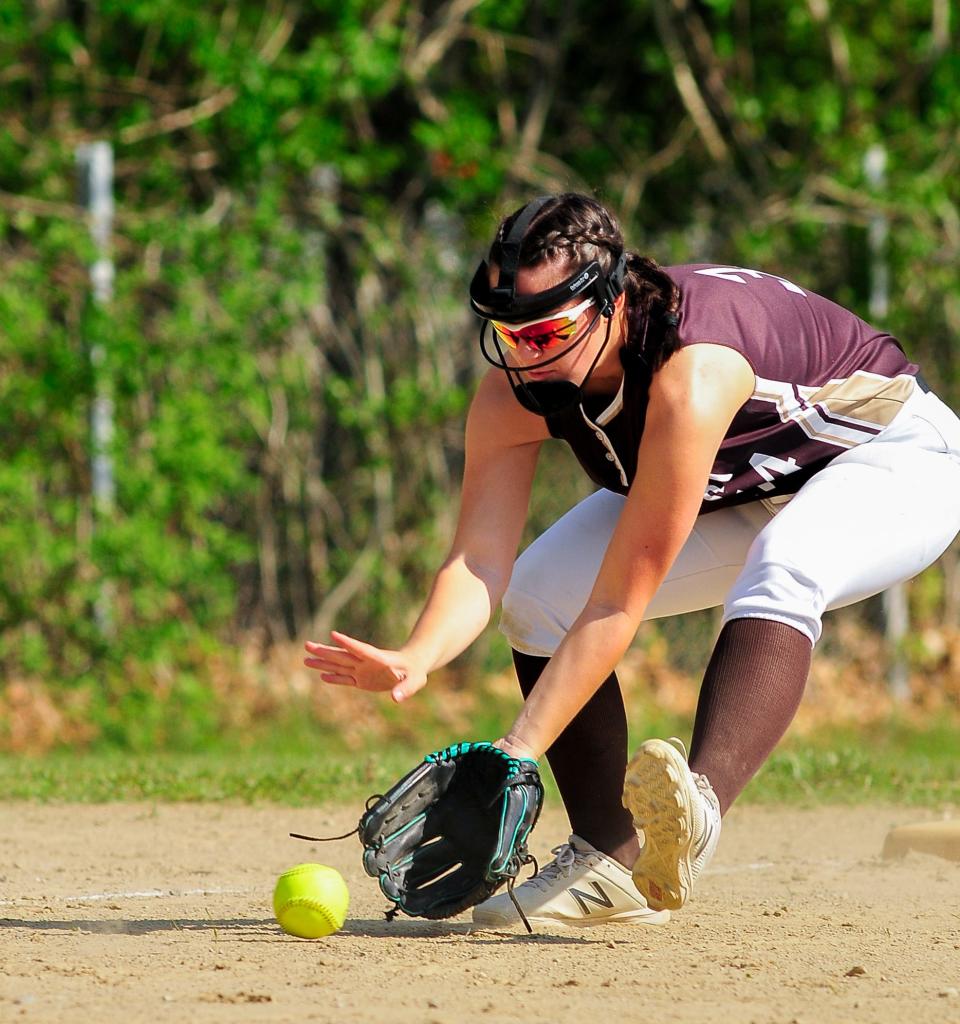 Westport’s Peyton Mahjoory fields a ground ball during Monday’s game against Bristol Plymouth.
