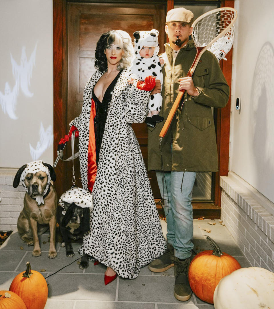 <p>For Halloween 2021 the family of three (and their two pups!) <a href="https://www.instagram.com/p/CVs-PRQLBVn/" rel="nofollow noopener" target="_blank" data-ylk="slk:dressed up;elm:context_link;itc:0;sec:content-canvas" class="link ">dressed up</a> as Cruella de Vil, a Dalmatian and a dog catcher! </p>