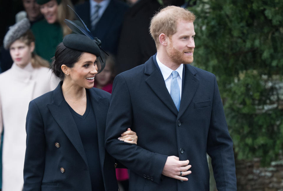 KING'S LYNN, ENGLAND - DECEMBER 25:  Meghan, Duchess of Sussex and Prince Harry, Duke of Sussex attend Christmas Day Church service at Church of St Mary Magdalene on the Sandringham estate on December 25, 2018 in King's Lynn, England. (Photo by Samir Hussein/WireImage)