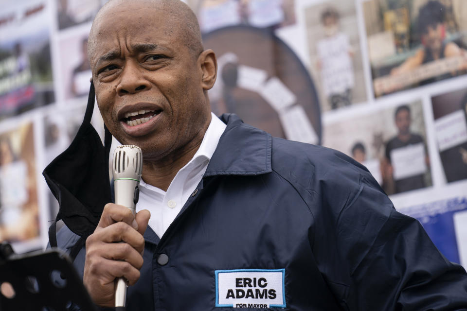 FILE — In this March 24, 2021, file photo, Eric Adams, Brooklyn Borough President and a Democratic mayoral candidate, speaks during a 'I Want My Miracle Back' rally, in the Bronx borough of New York. Adams, a former police officer, is betting that a spike in shootings during the coronavirus pandemic — including a shooting that injured three bystanders in Times Square last weekend — will boost his appeal. (AP Photo/John Minchillo, File)