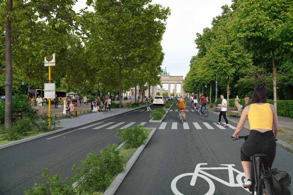 The road leading to the Brandenburg Gate today (top) and in a car-free Berlin, as rendered by campaigners (bottom). Volksentscheid Berlin Autofrei