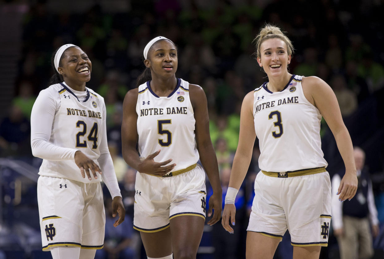 Arike Ogunbowale, Jackie Young and Marina Mabrey were teammates at Notre Dame. Ogunbowale and Young will play in the 2023 WNBA All-Star Game. (AP Photo/Robert Franklin)