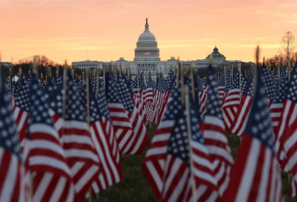 American flags are placed in the ground on the National Mall in Washington, D.C.
