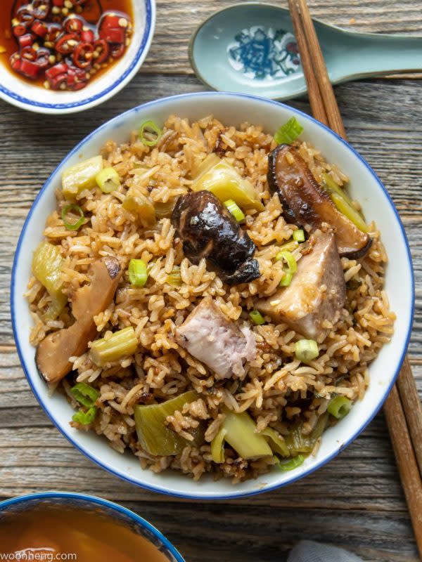 <p><strong>Get the recipe here: <a href="https://woonheng.com/taro-rice/" rel="nofollow noopener" target="_blank" data-ylk="slk:Vegan Taro Rice;elm:context_link;itc:0;sec:content-canvas" class="link ">Vegan Taro Rice</a></strong></p>