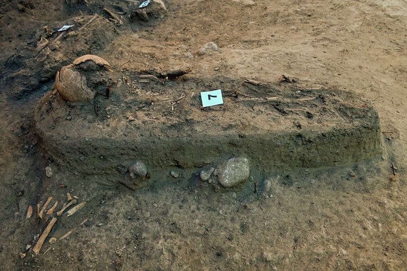 A view shows human remains discovered by archaeologists from INAH in Chapultepec park