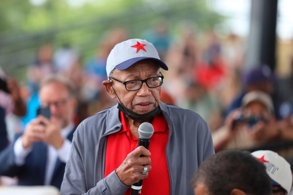 Coach Ron Teasley Sr., speaks at the pregame rededication ceremony hosted by Friends of Historic Hamtramck Stadium at the Hamtramck Stadium in Hamtramck on June 20, 2022.