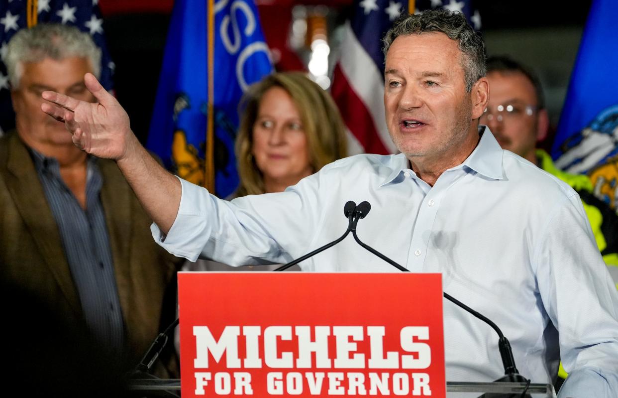 Tim Michels speaks to a large crowd during the launching of his gubernatorial campaign Monday, April 25, 2022, in Brownsville, Wis.