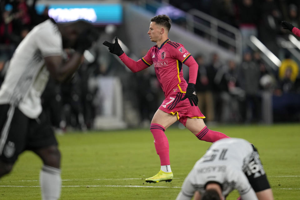 St. Louis City's Tomas Ostrak (7) celebrates after scoring during the second half of the team's MLS soccer match against the San Jose Earthquakes on Saturday, March 18, 2023, in St. Louis. (AP Photo/Jeff Roberson)