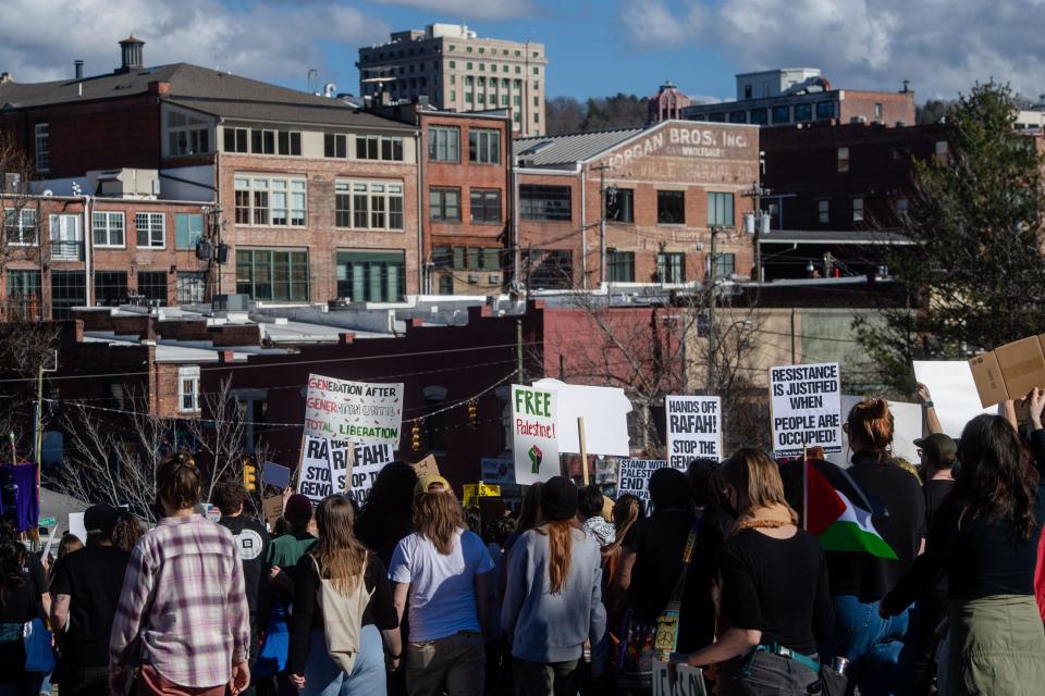 Hundreds marched in Asheville support of a cease fire in Gaza, March 2, 2024.