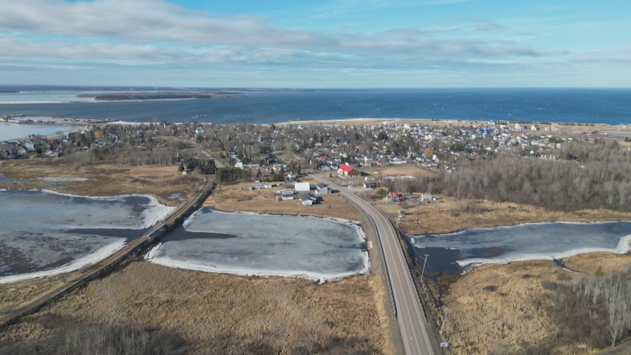 A drone shot looking towards Pointe-du-Chêne from Shediac. Water service and hydrants do not currently extend into the community. (Denis Mazerolle/Radio-Canada - image credit)