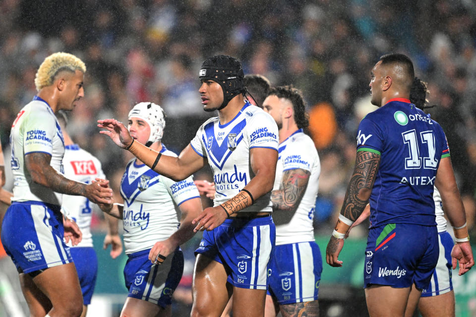 AUCKLAND, NEW ZEALAND - AUGUST 23: Stephen Crichton of the Bulldogs celebrates after scoring a try during the round 25 NRL match between New Zealand Warriors and Canterbury Bulldogs at Shaun Johnson Stadium, on August 23, 2024, in Auckland, New Zealand. (Photo by Hannah Peters/Getty Images)