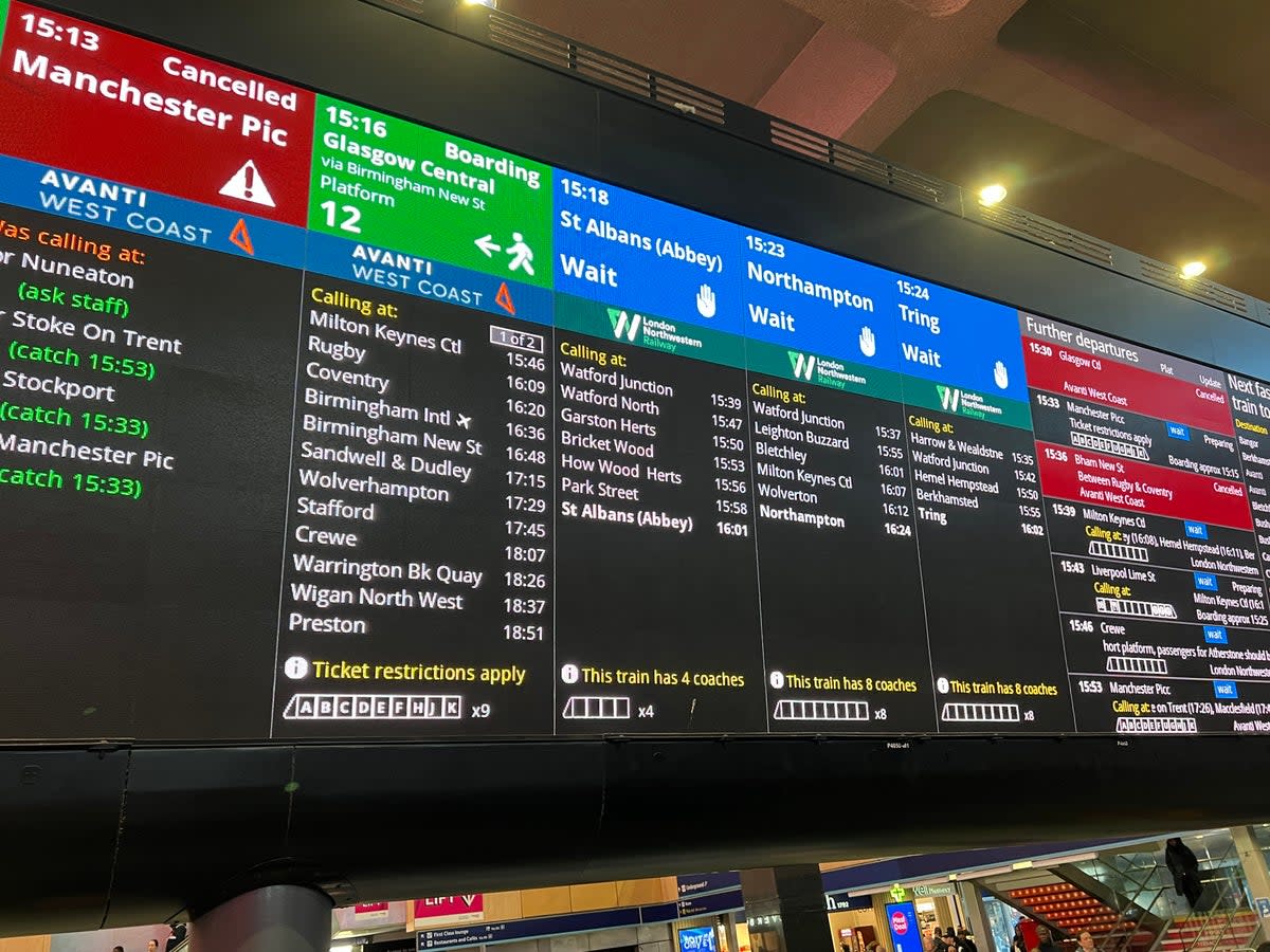 Departure board at London Euston showing cancellations (file photo)  (Simon Calder)
