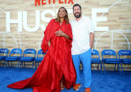 <p>Last June, Adam Sandler sported a casual polo and bright blue pants to promote his movie <em>Hustle,</em> where he was photographed with his co-star <a href="https://people.com/tag/queen-latifah/" rel="nofollow noopener" target="_blank" data-ylk="slk:Queen Latifah;elm:context_link;itc:0;sec:content-canvas" class="link ">Queen Latifah</a> in a starkly different aesthetic.</p>