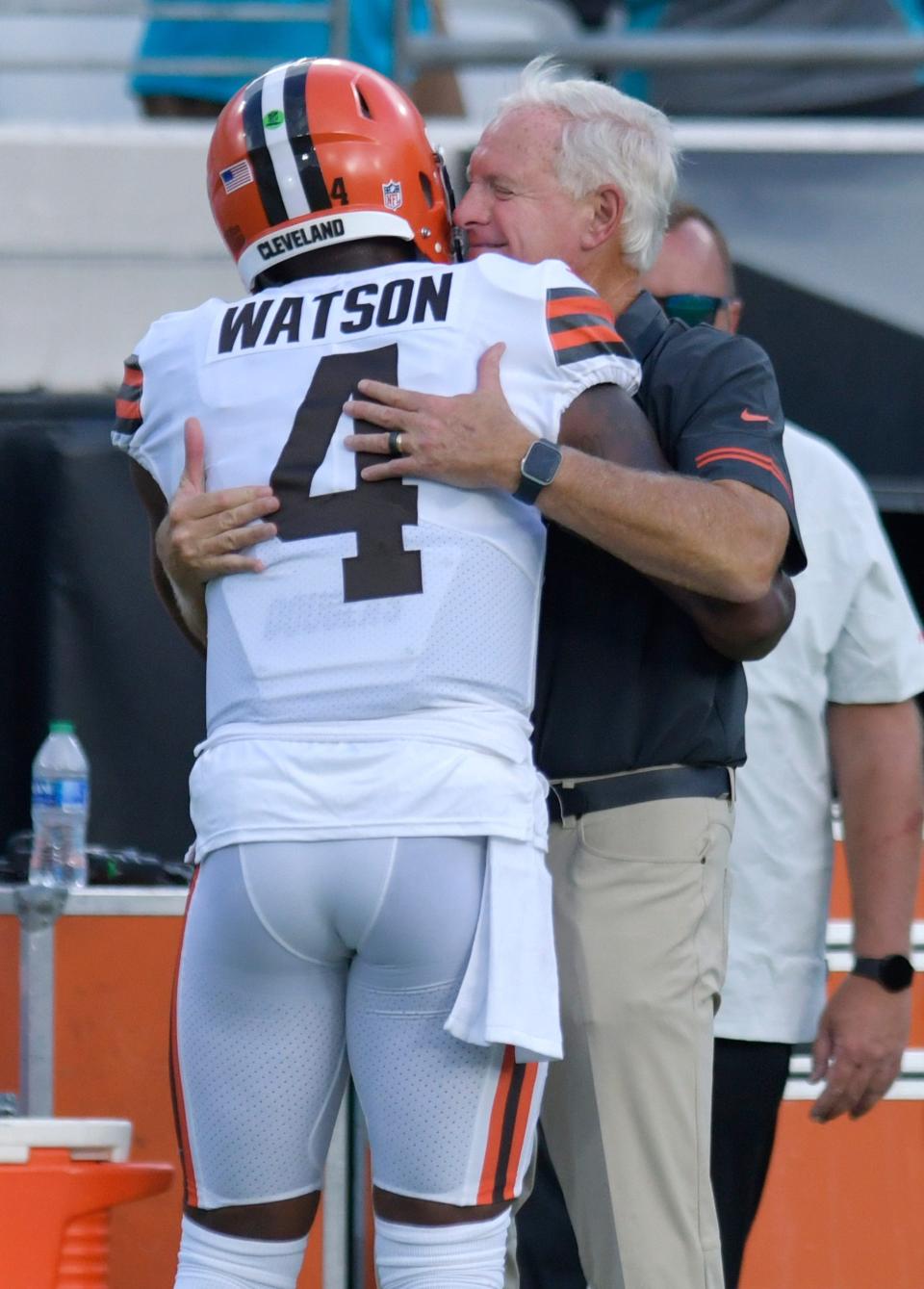 Browns owner Jimmy Haslam hugs quarterback Deshaun Watson before the team's preseason game last week.