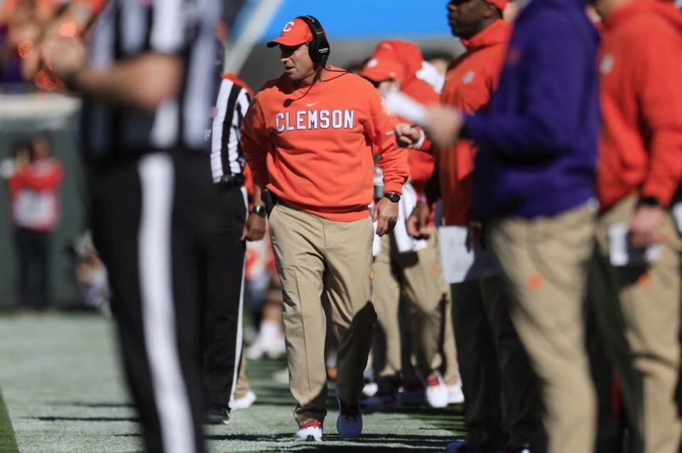 Clemson Tigers head coach Dabo Swinney coaches during the first quarter of an NCAA football matchup in the TaxSlayer Gator Bowl Friday, Dec. 29, 2023 at EverBank Stadium in Jacksonville, Fla. The Clemson Tigers edged the Kentucky Wildcats 38-35.