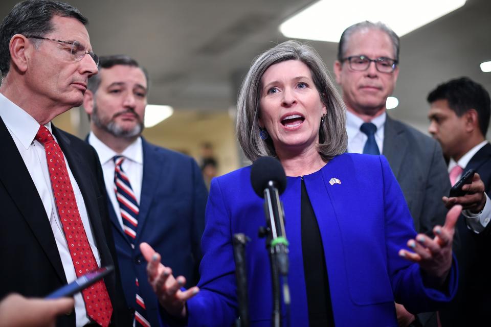 Sen. Joni Ernst (R-Iowa) speaks to the media during a recess in the impeachment trial of President Donald Trump in Washington, D.C., on January 27. (MANDEL NGAN via Getty Images)