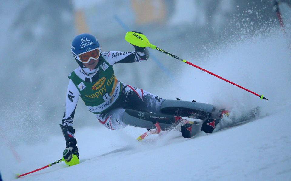 Bernadette Schild of Austria competes during the first run of a alpine women's World Cup Slalom in Kranjska Gora, Slovenia, Sunday, Feb. 2, 2014. (AP Photo/Giovanni Auletta)