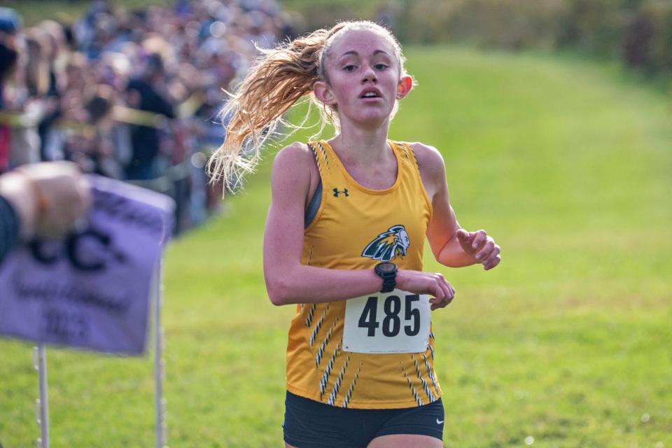 Indian River's Brynn Crandell (485) finishes first in the girls varsity race at the Joe O'Neill Invitational cross country meet on Thursday at Bellevue State Park in Wilmington.