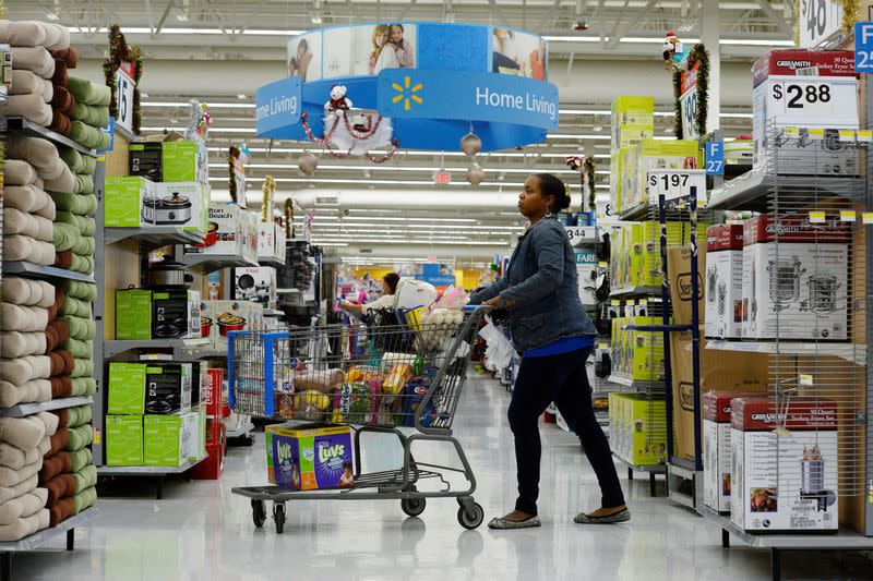FILE PHOTO: A customer pushes her shopping cart through the aisles at a Walmart store in the Porter Ranch section of Los Angeles