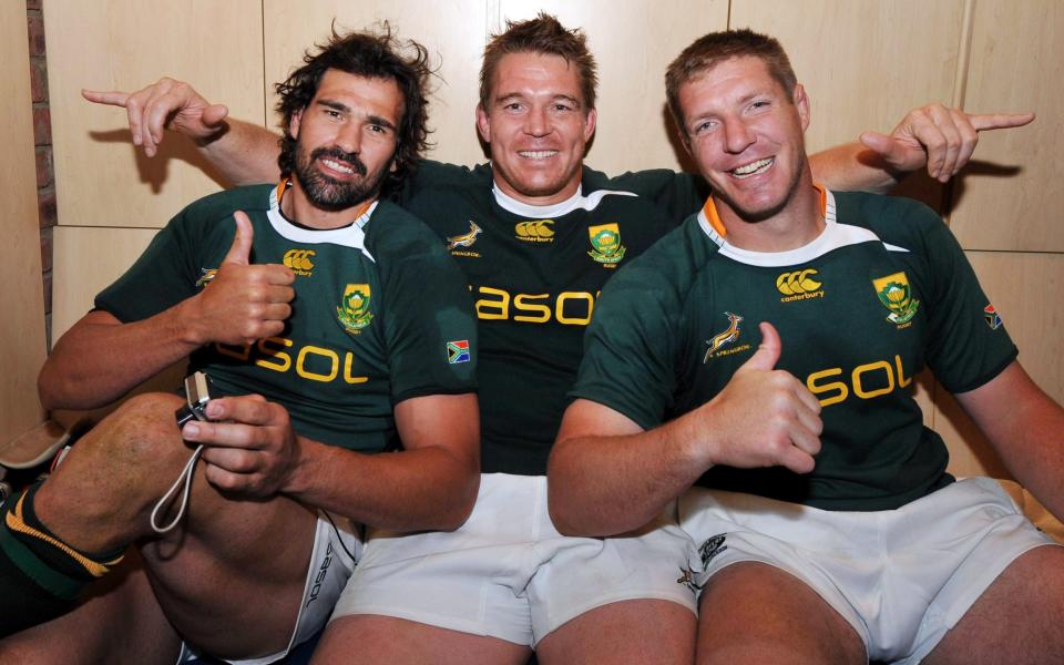 Victor Matfield, John Smit and Bakkies Botha after the second Test of the 2009 Lions series