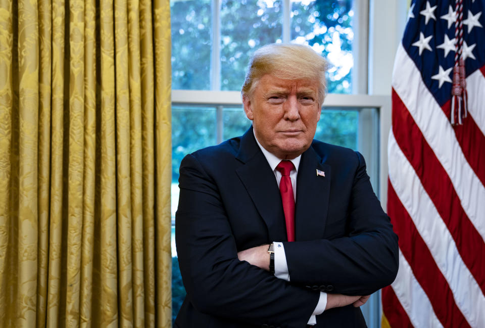President Trump, who expanded his list of targets this week to include Google, Amazon and Facebook, is interviewed in the Oval Office of the White House in Washington on Thursday. (Photo: Al Drago/Bloomberg)