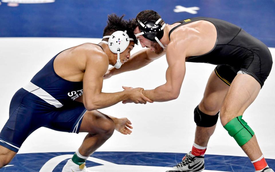 Iowa's Michael Kemerer, right, beat Penn State's Carter Starocci in the Big Ten finals last season. Starocci then beat Kemerer in the NCAA finals two weeks later.