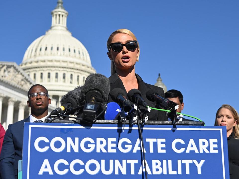 Advocacy: Hilton speaks on behalf of the children harmed in congregate care facilities at a press conference in Washington DC in 2021 (Getty)