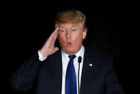 U.S. Republican presidential candidate Donald Trump gestures as he speaks at the meeting of the New England Police Benevolent Association in Portsmouth, New Hampshire December 10, 2015. REUTERS/Mary Schwalm