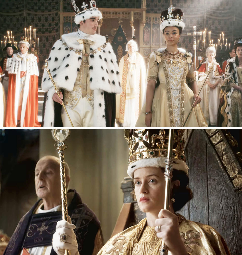 Screenshot from "Queen Charlotte: A Bridgerton Story" and "The Crown"