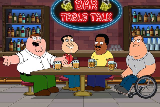 <p>Fox / Courtesy of Everett</p> (L-R) 'Family Guy' characters Peter Griffin (voiced by Seth MacFarlane), Glenn Quagmire (voiced by Seth MacFarlane), Cleveland Brown (voiced by Arif Zahir) and Joe Swanson (voiced by Patrick Warburton) are pictured.