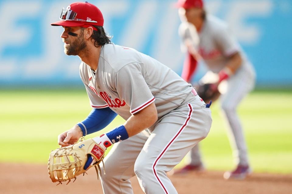 July 21, 2023;  Cleveland, Ohio, USA;  Philadelphia Phillies first baseman Bryce Harper (3) waits for a pitch during the first inning against the Cleveland Guardians at Progressive Field.  Mandatory Credit: Ken Blaze - USA TODAY Sports