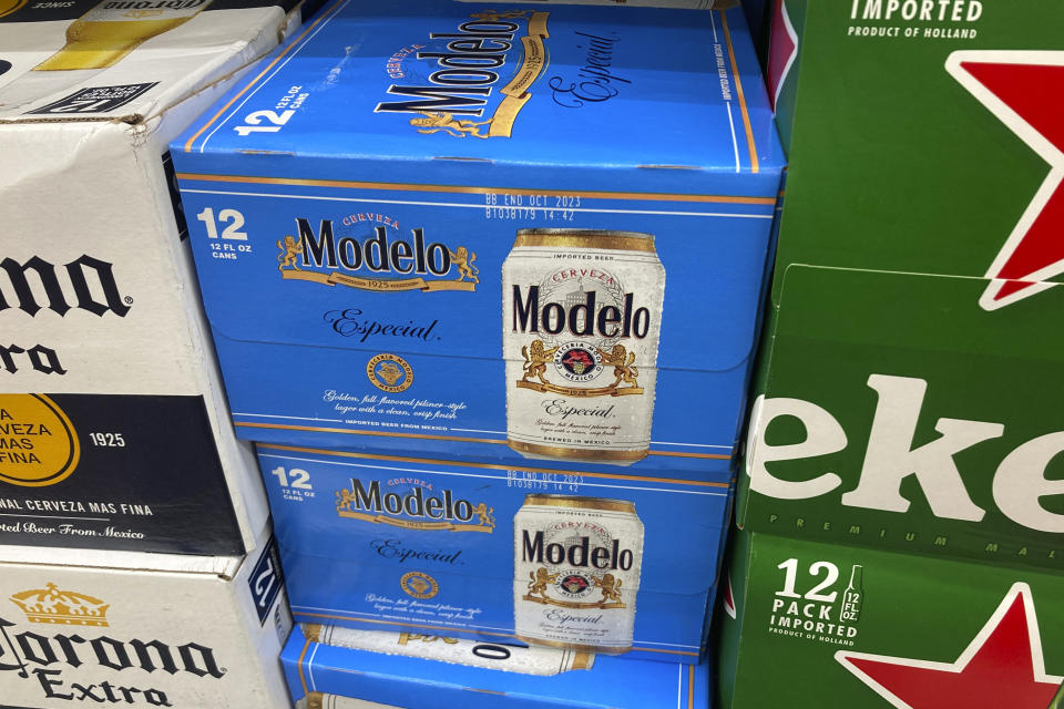 Cases of Modelo Especial beer are shown at a supermarket in New York on Wednesday, June 14, 2023. After more than two decades as America’s best-selling beer, Bud Light has slipped into second place. Modelo Especial, a Mexican lager, overtook Bud Light in U.S. retail dollar sales in the month ending June 3. (AP Photo/Peter Morgan)