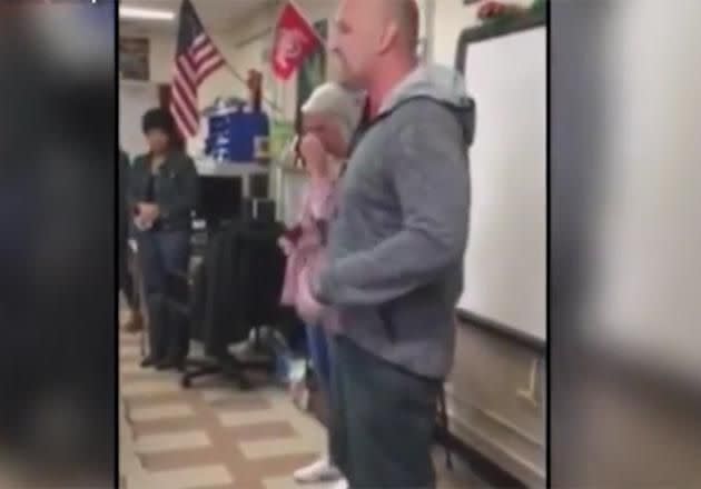 Teacher Jason Seifert proposed at Harry Russell Elementary School in West Carrollton in Ohio. Photo: YouTube