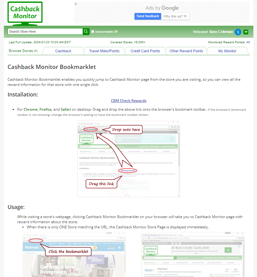 Screenshot of comparing current offers on cashback monitor