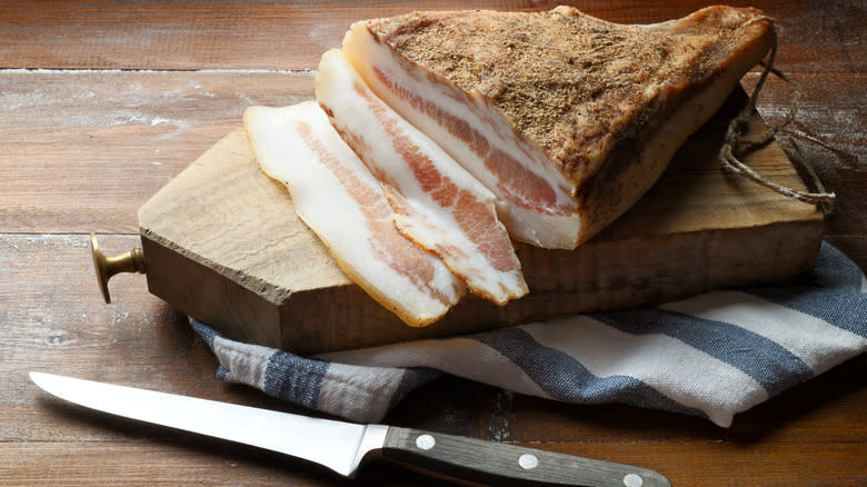 guanciale on cutting board