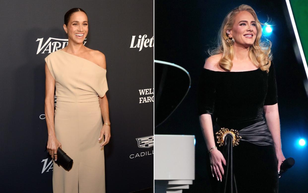 Meghan Markle wearing Proenza Schouler. Adele in Las Vegas wearing Christopher John Rogers