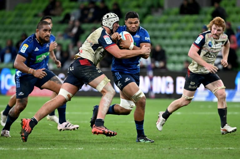 Auckland Blues lock Cameron Suafoa (2nd R) has been named on the bench for Saturday's Super Rugby game after finishing radiation treatment for cancer (William WEST)