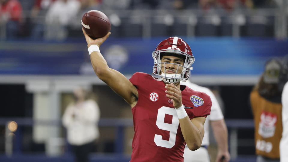 FILE - Alabama quarterback Bryce Young (9) throws a pass against Cincinnati during the first half of the Cotton Bowl NCAA College Football Playoff semifinal game, Friday, Dec. 31, 2021, in Arlington, Texas. Young was named to The Associated Press preseason All-America team, Monday, Aug. 22, 2022. (AP Photo/Michael Ainsworth, File)