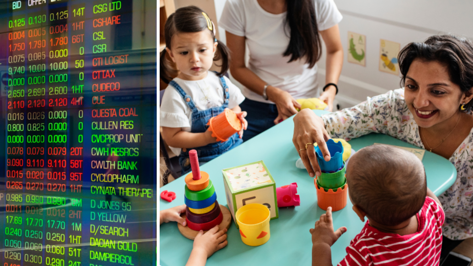 The ASX board showing company price changes and a woman plays with children at a child care facility.