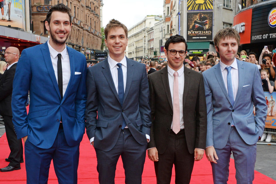 LONDON, ENGLAND - AUGUST 05:  (EMBARGOED FOR PUBLICATION IN UK TABLOID NEWSPAPERS UNTIL 48 HOURS AFTER CREATE DATE AND TIME. MANDATORY CREDIT PHOTO BY DAVE M. BENETT/WIREIMAGE REQUIRED)   (L to R) Blake Harrison, Joe Thomas, Simon Bird and James Buckley attend the World Premiere of "The Inbetweeners 2" at Vue West End on August 5, 2014 in London, England.  (Photo by Dave M. Benett/WireImage)