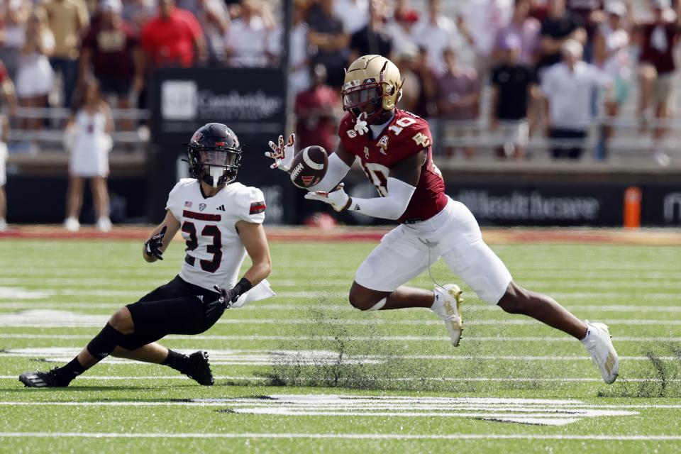 Boston College defensive back Jalen Cheek misses the interception on an incomplete pass intended for Northern Illinois wide receiver Dane Pardridge (23) during the second half of an NCAA college football game, Saturday, Sept. 2, 2023, in Boston. (AP Photo/Michael Dwyer)