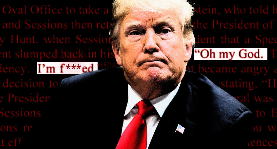 Donald Trump and a portion of the Mueller report (edited for language by Yahoo News). (Photo illustration: Yahoo News; photo: AP)