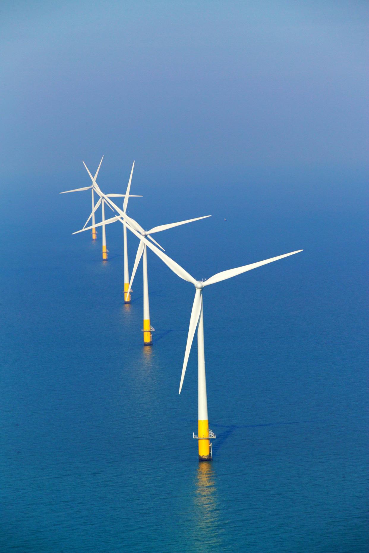 An aerial view of the Kentish Flats windfarm viewed show the wind turbine generators.