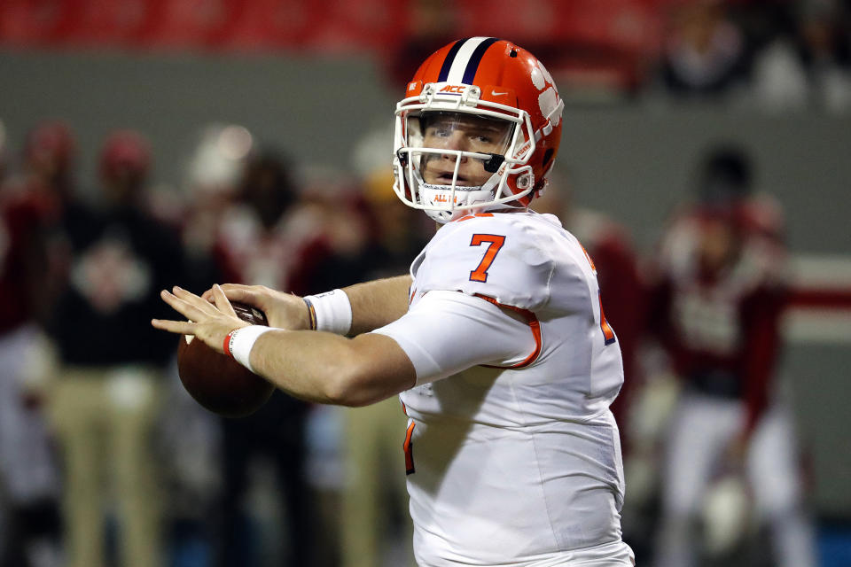 FILE - In this Saturday, Nov. 9, 2019, file photo, Clemson's Chase Brice (7) passes the ball against North Carolina State during the second half of an NCAA college football game in Raleigh, N.C. Brice, who backed up Trevor Lawrence at Clemson the last two seasons, has graduated from Clemson and now heads to Durham to start graduate school at Duke with two seasons of college eligibility remaining. (AP Photo/Karl B DeBlaker, File)