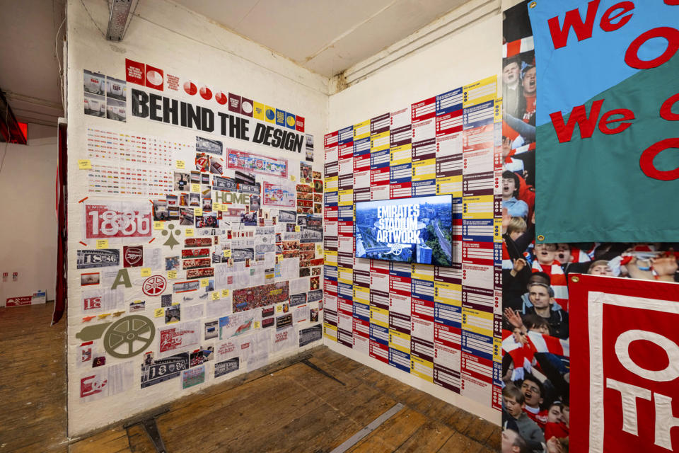 In this photo provided by Arsenal Football Club on Wednesday, Jan. 11, 2023, a view of designs to feature on the exterior of the Emirates Stadium displayed at the Candid Arts Trust in London. (Arsenal Football Club via AP)