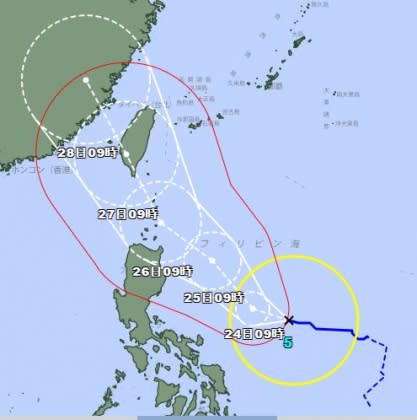 日本氣象廳今日預測，颱風將轉彎，恐從台灣南部貫穿。（圖／翻攝自日本氣象廳官網）