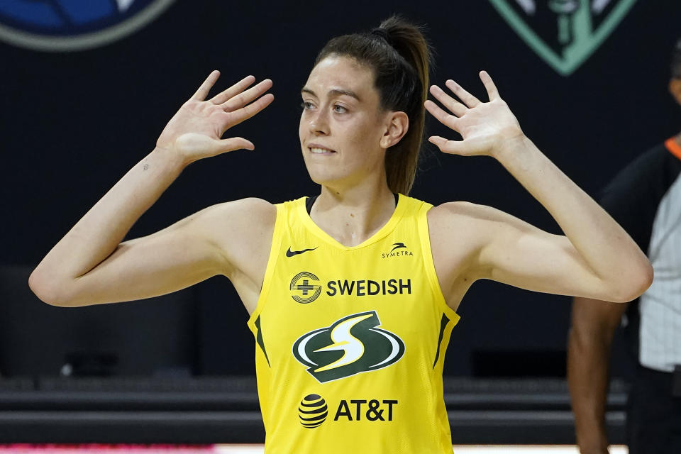 Seattle Storm forward Breanna Stewart (30) celebrates after the team defated the Las Vegas Aces during Game 1 of basketball's WNBA Finals Friday, Oct. 2, 2020, in Bradenton, Fla. (AP Photo/Chris O'Meara)